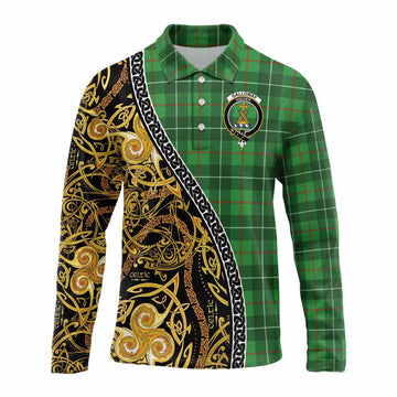 Galloway Tartan Crest Long Sleeve Polo Shirt Celtic Knot and Triple Trickle Spiral Symbols