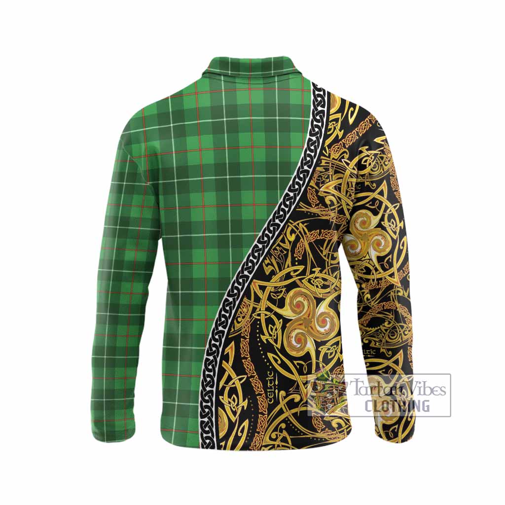 Galloway Tartan Crest Long Sleeve Polo Shirt Celtic Knot and Triple Trickle Spiral Symbols