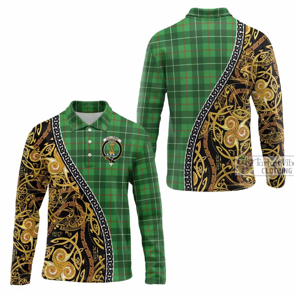 Galloway Tartan Crest Long Sleeve Polo Shirt Celtic Knot and Triple Trickle Spiral Symbols