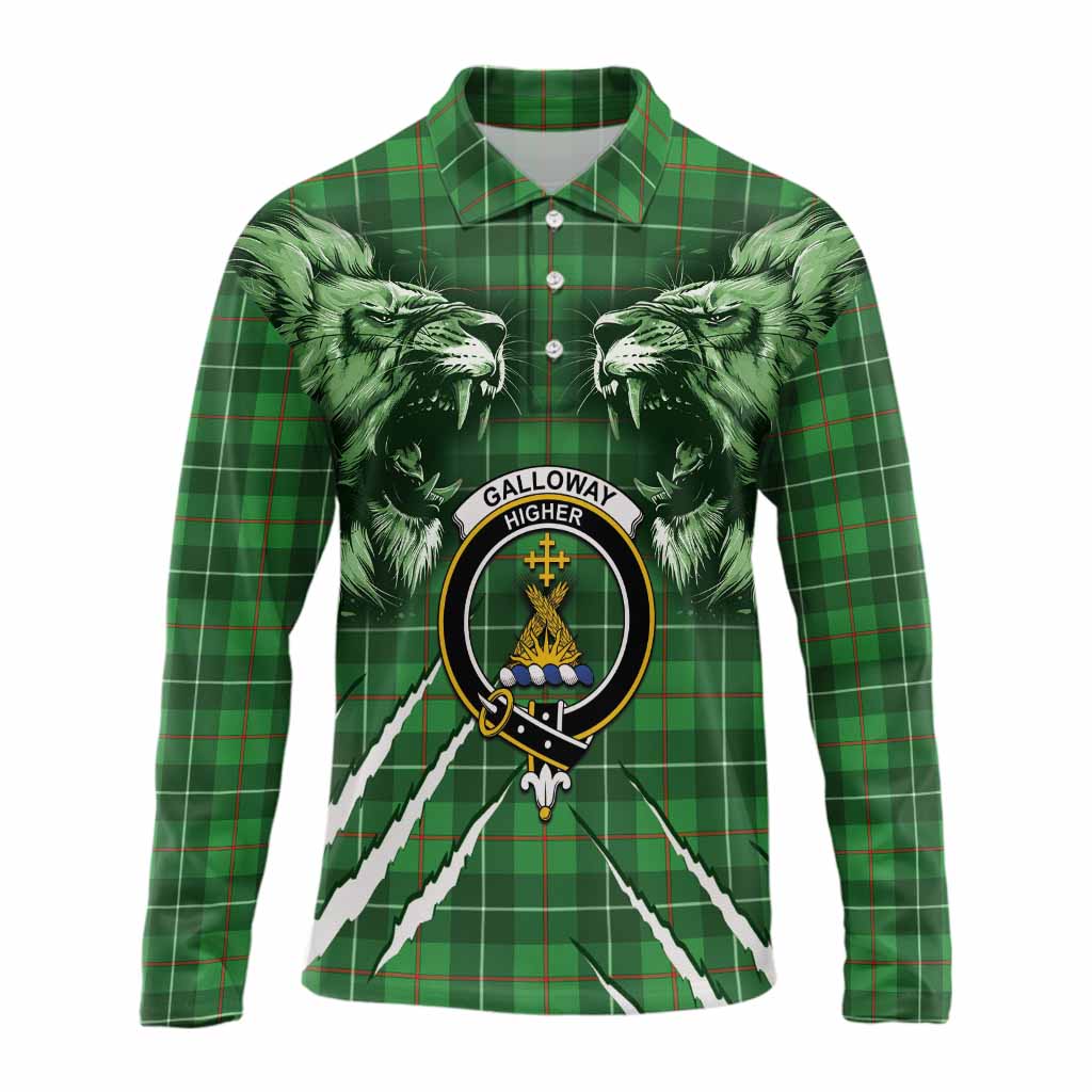 Galloway Tartan Crest Long Sleeve Polo Shirt Ferocious Lion Style