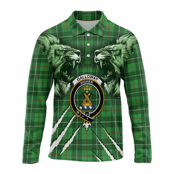 Galloway Tartan Crest Long Sleeve Polo Shirt Ferocious Lion Style