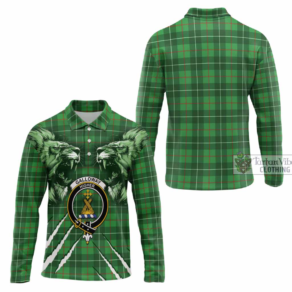 Galloway Tartan Crest Long Sleeve Polo Shirt Ferocious Lion Style