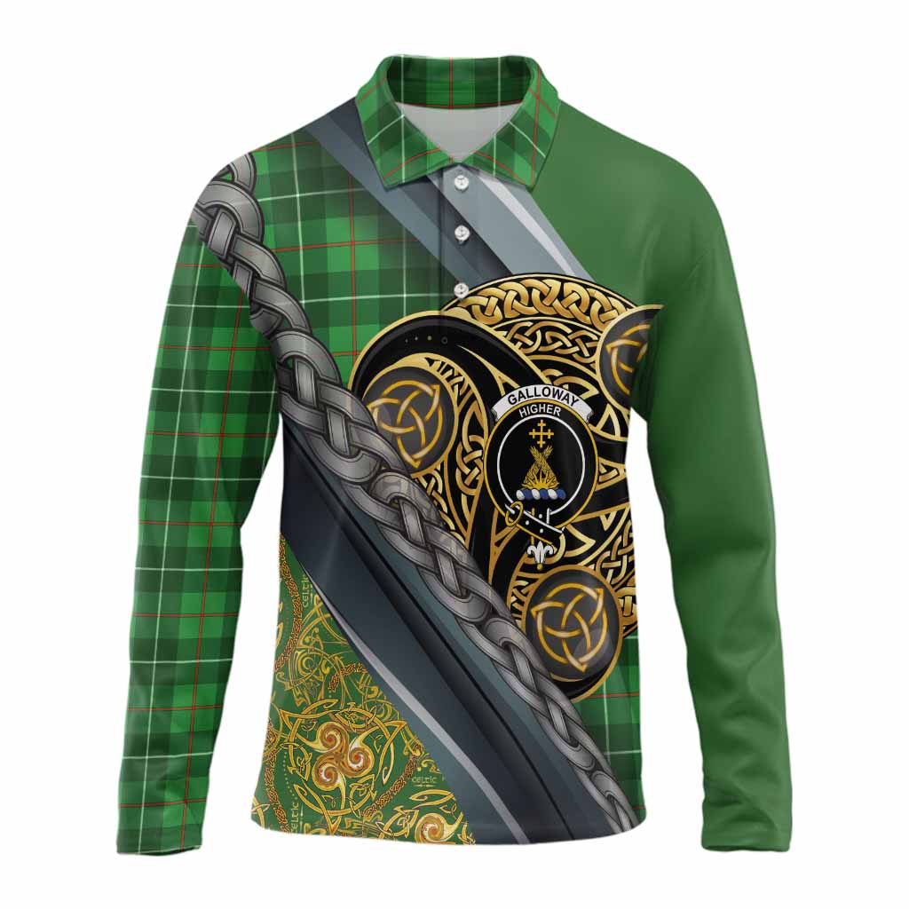 Galloway Tartan Crest Long Sleeve Polo Shirt Scottish Triskele Celtic