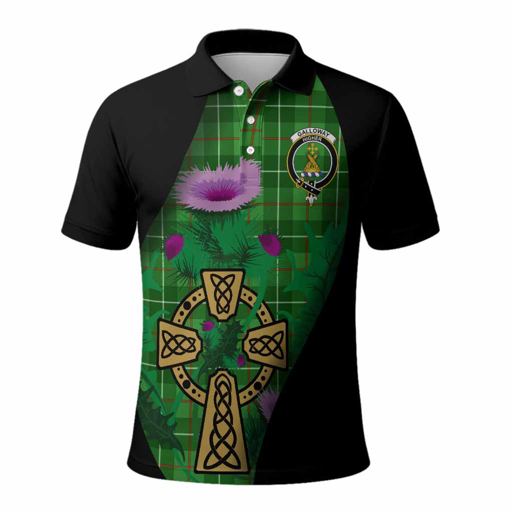 Galloway Tartan Crest Polo Shirt Celtic Cross Thistle Flowers