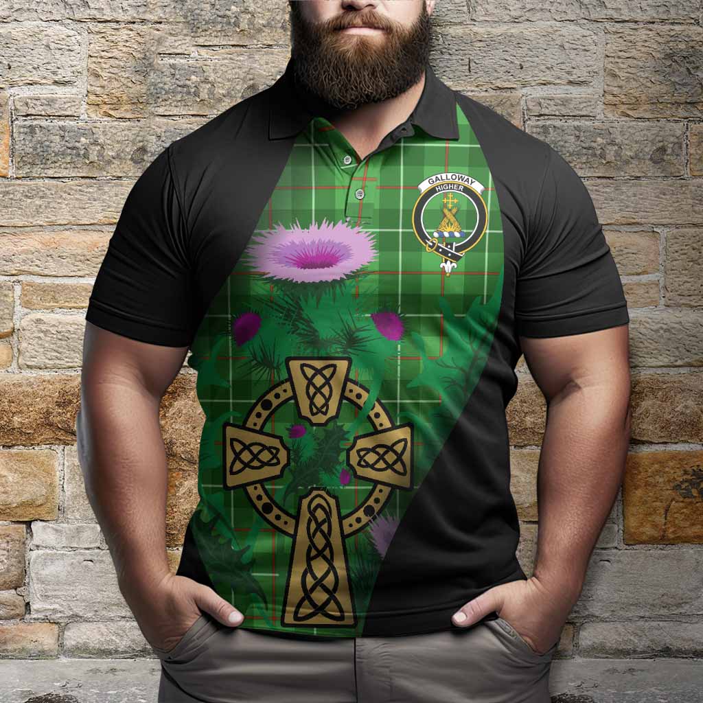 Galloway Tartan Crest Polo Shirt Celtic Cross Thistle Flowers