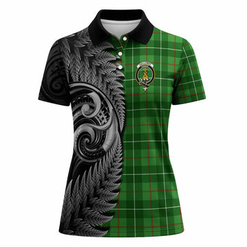 Galloway Tartan Crest Women Polo Shirt With New Zealand Silver Fern Maori Koru