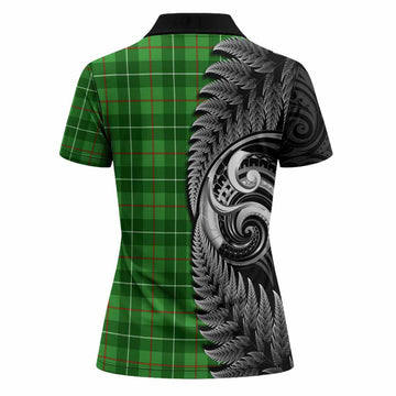 Galloway Tartan Crest Women Polo Shirt With New Zealand Silver Fern Maori Koru