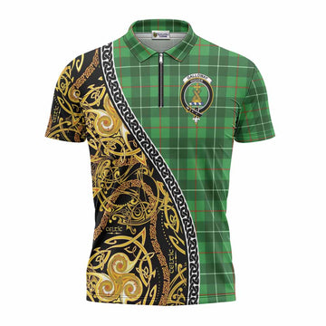Galloway Tartan Crest Zipper Polo Shirt Celtic Knot and Triple Trickle Spiral Symbols