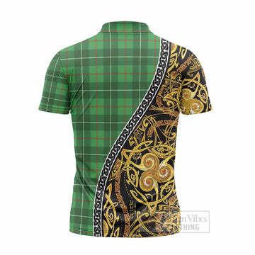 Galloway Tartan Crest Zipper Polo Shirt Celtic Knot and Triple Trickle Spiral Symbols