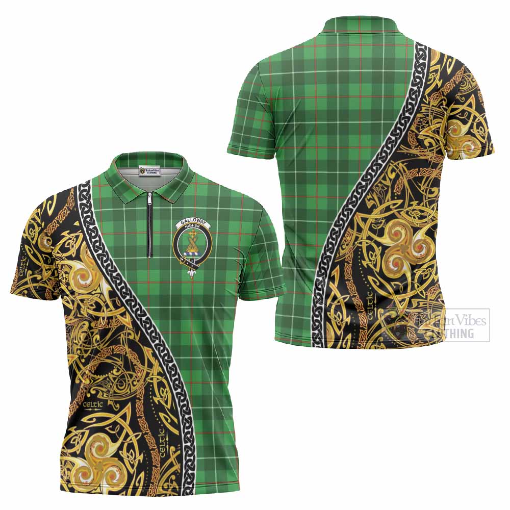 Galloway Tartan Crest Zipper Polo Shirt Celtic Knot and Triple Trickle Spiral Symbols