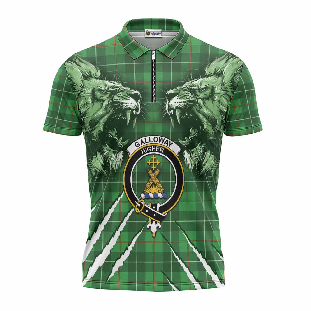 Galloway Tartan Crest Zipper Polo Shirt Ferocious Lion Style