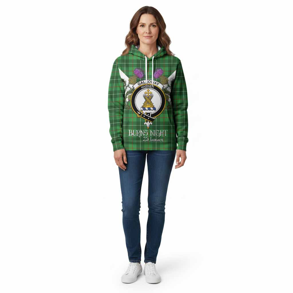 Galloway Tartan Family Crest Cotton Hoodie Scottish Burns Night Thistle Floral