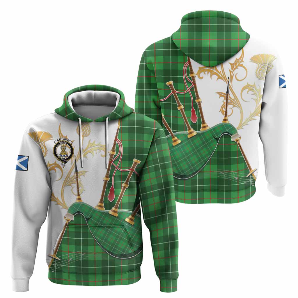 Galloway Tartan Family Crest Hoodie Bagpipes with Scottish Thistle