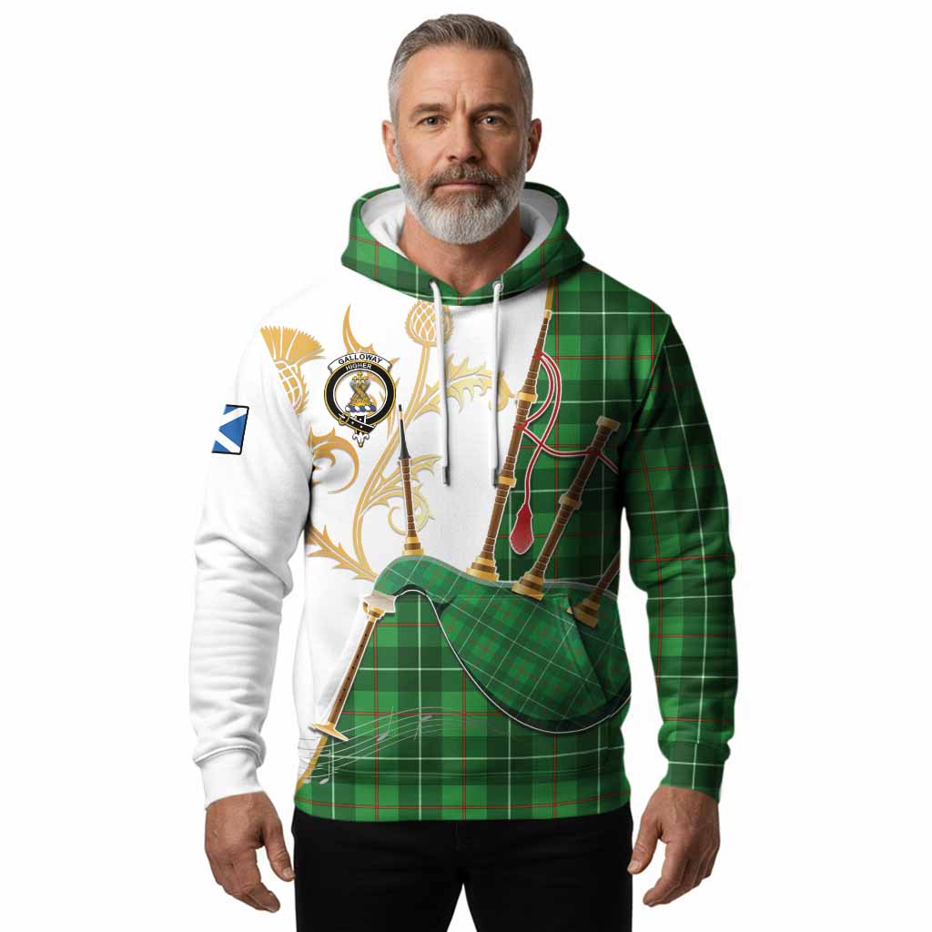 Galloway Tartan Family Crest Hoodie Bagpipes with Scottish Thistle