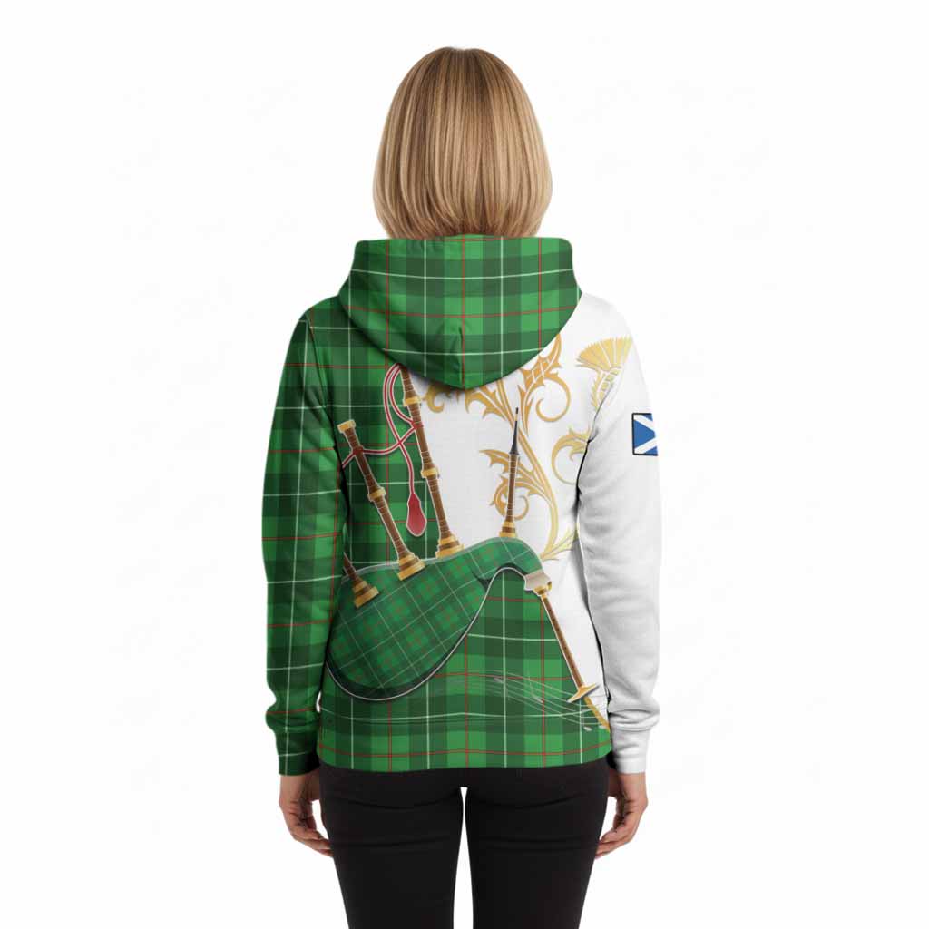 Galloway Tartan Family Crest Hoodie Bagpipes with Scottish Thistle