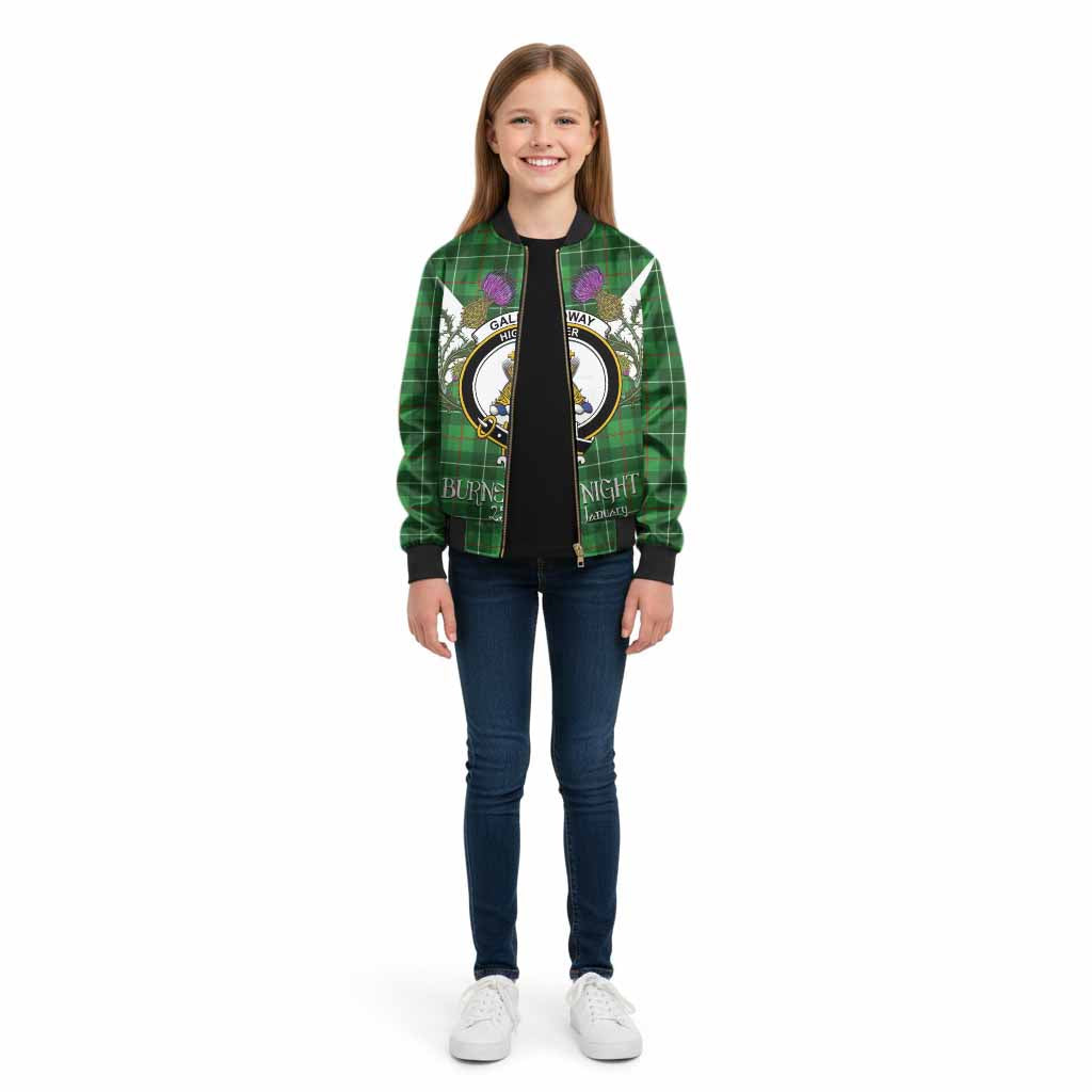 Galloway Tartan Family Crest Kid Bomber Jacket Scottish Burns Night Thistle Floral