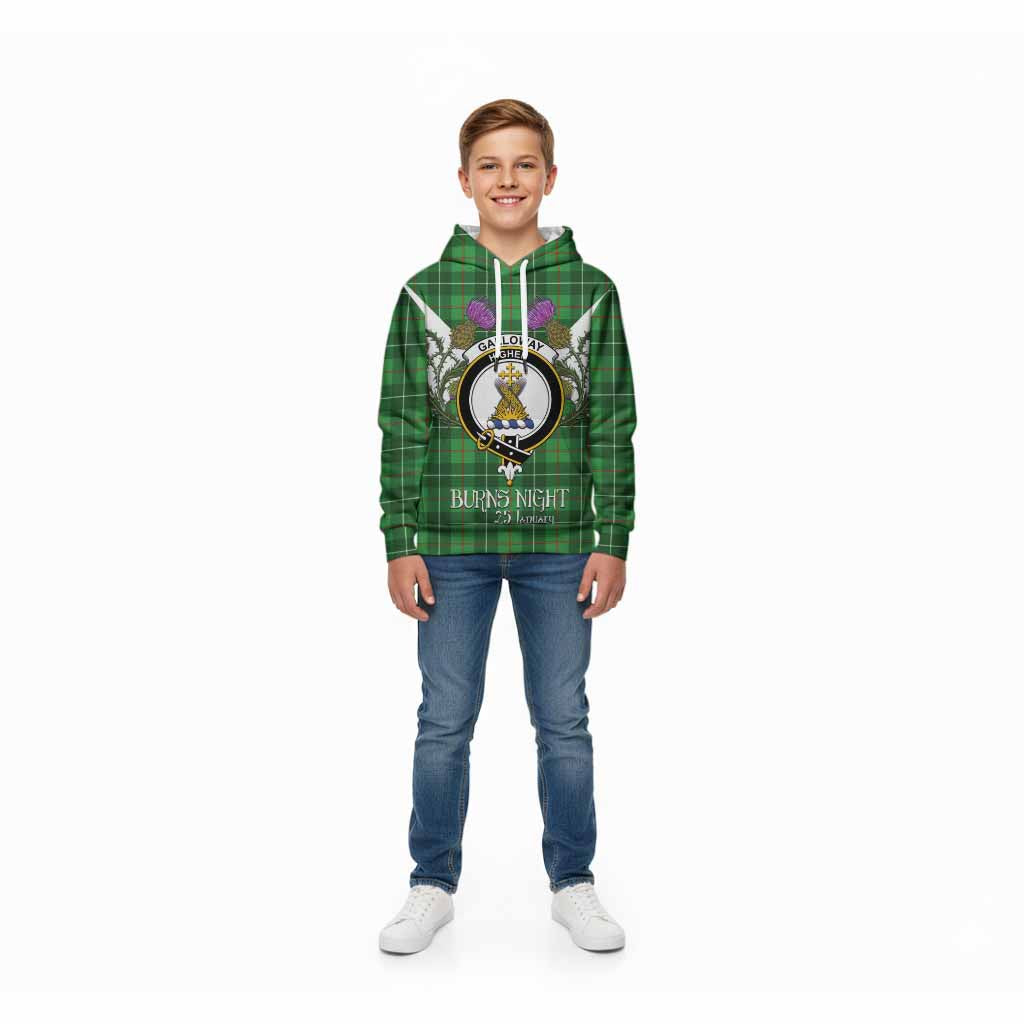 Galloway Tartan Family Crest Kid Hoodie Scottish Burns Night Thistle Floral