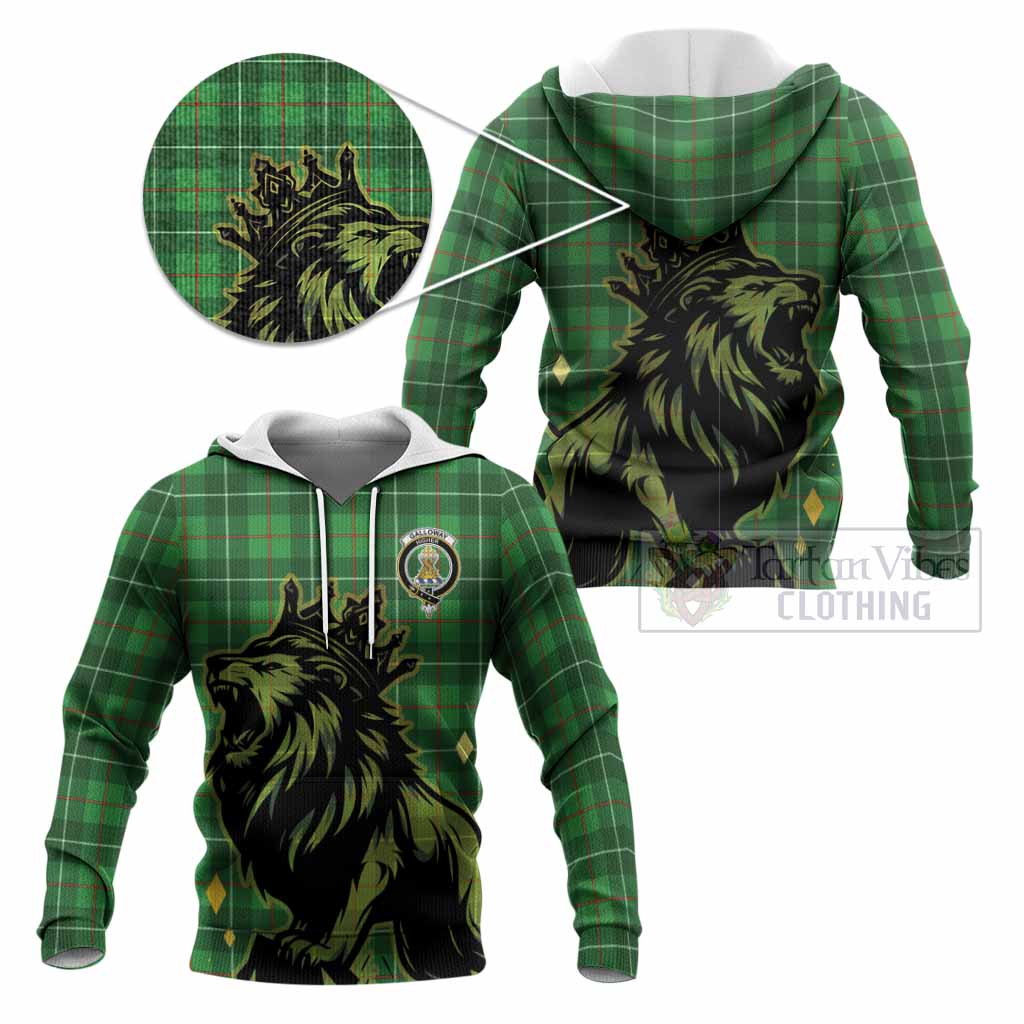 Galloway Tartan Family Crest Knitted Hoodie Crowned Lion Roaring
