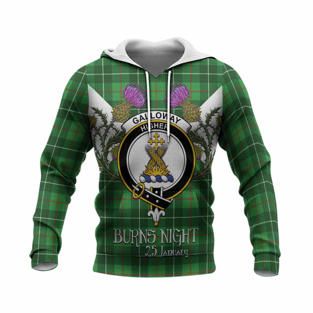 Galloway Tartan Family Crest Knitted Hoodie Scottish Burns Night Thistle Floral