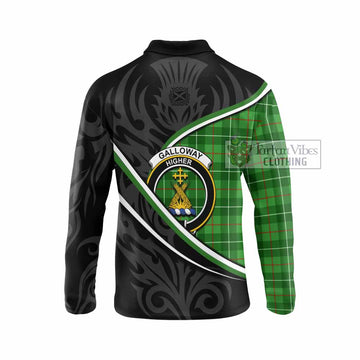 Galloway Tartan Family Crest Long Sleeve Polo Shirt Celtic Scottish Thistle Floral