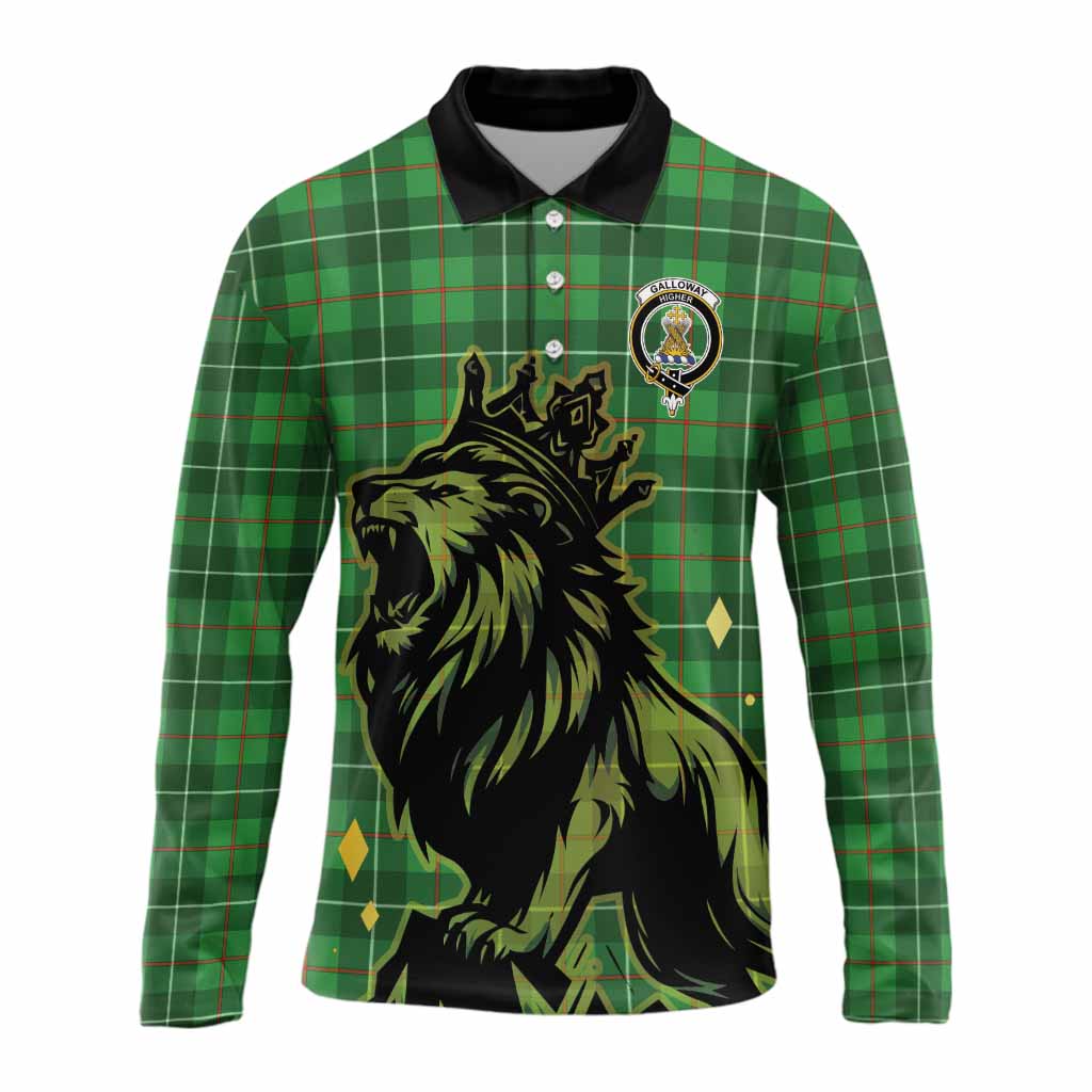 Galloway Tartan Family Crest Long Sleeve Polo Shirt Crowned Lion Roaring