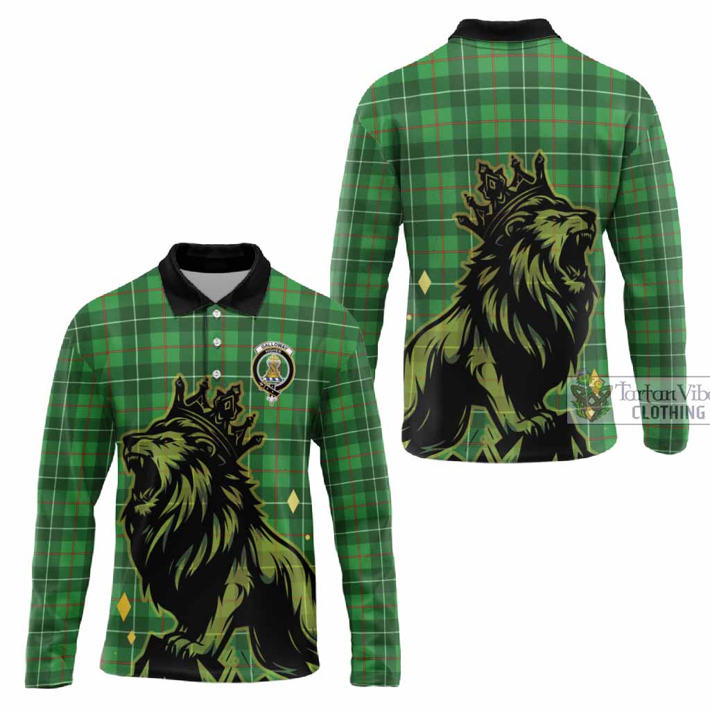 Galloway Tartan Family Crest Long Sleeve Polo Shirt Crowned Lion Roaring