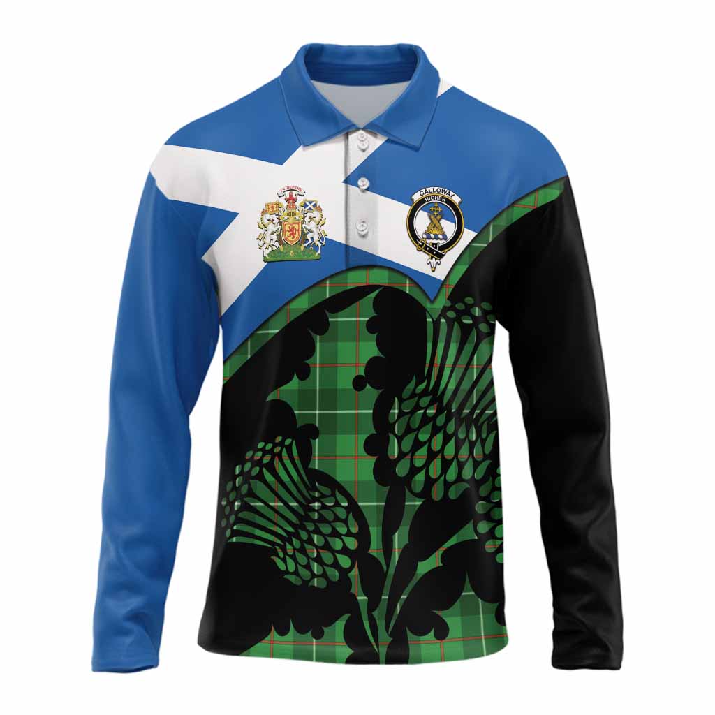 Galloway Tartan Family Crest Long Sleeve Polo Shirt Scotland Thistle Floral Flag Style