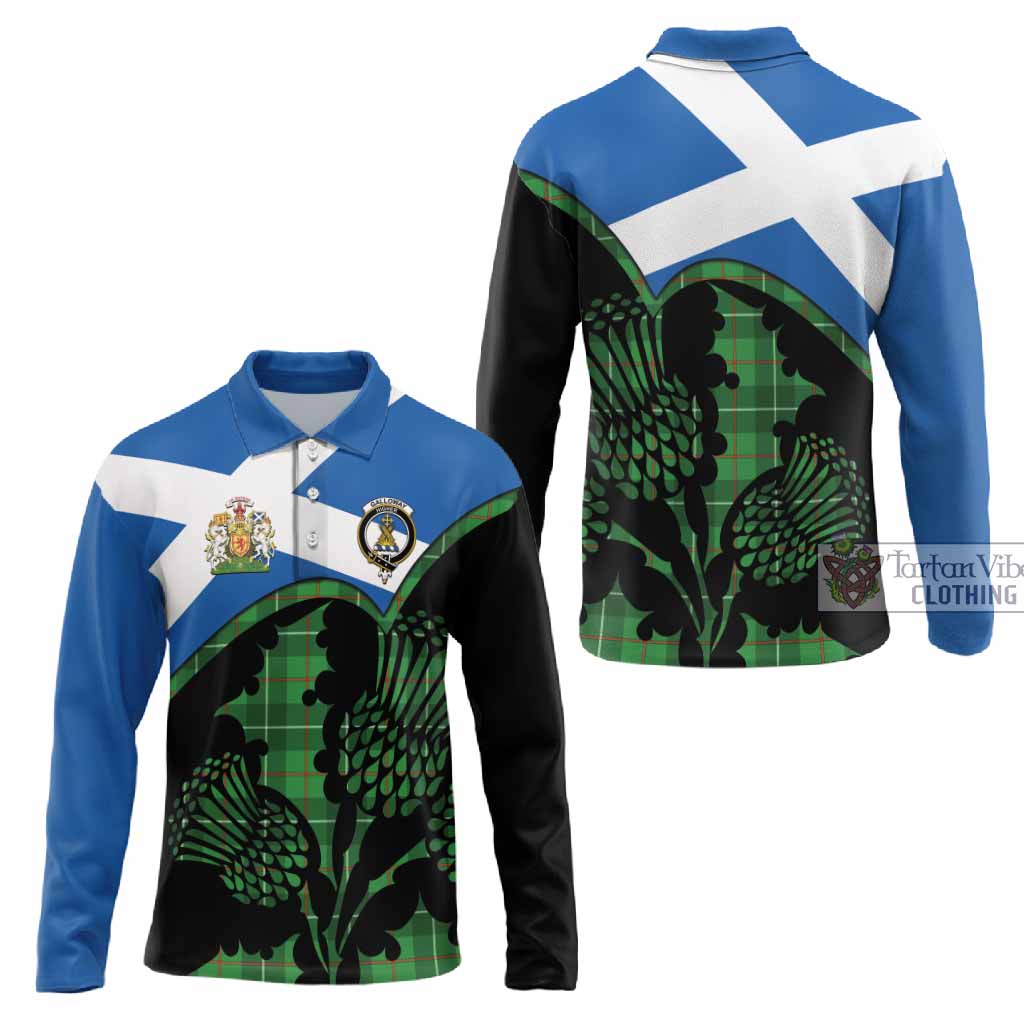 Galloway Tartan Family Crest Long Sleeve Polo Shirt Scotland Thistle Floral Flag Style