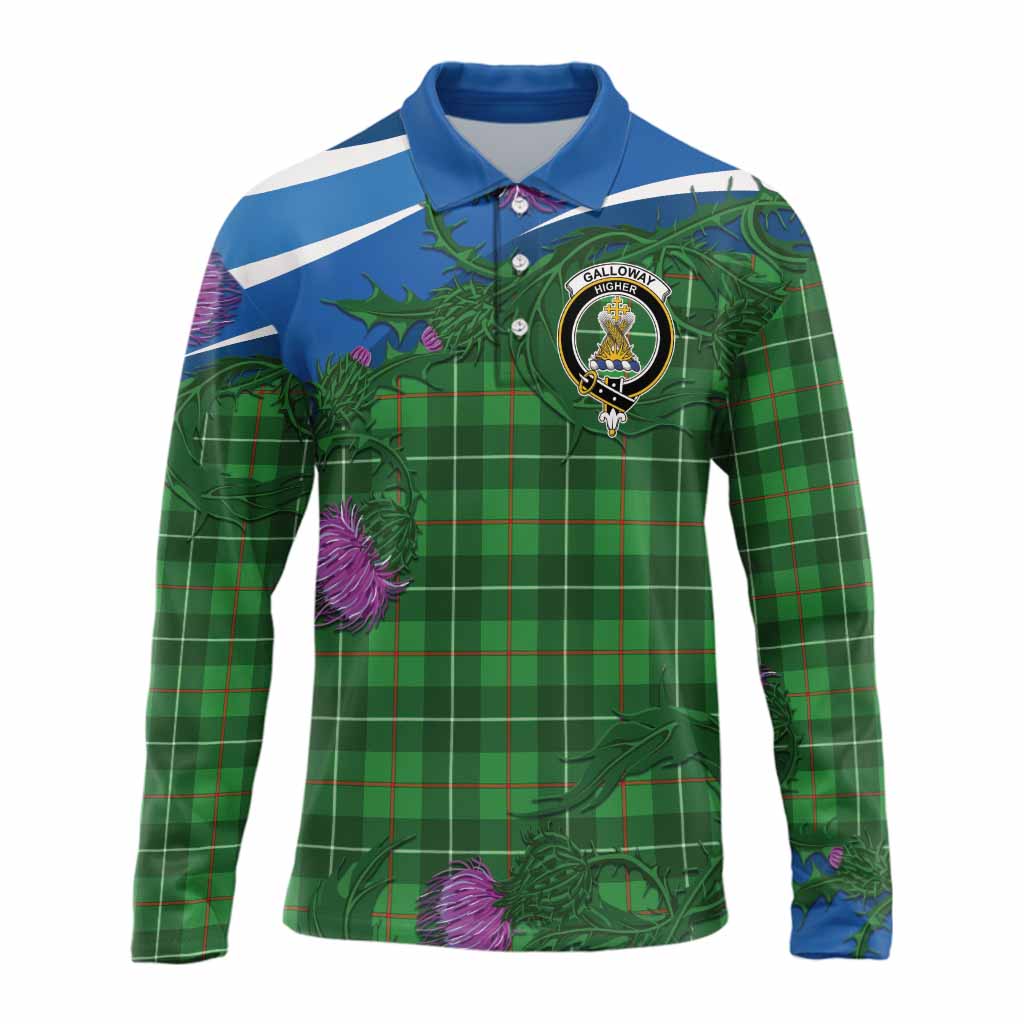 Galloway Tartan Family Crest Long Sleeve Polo Shirt Thistle in Minimalism