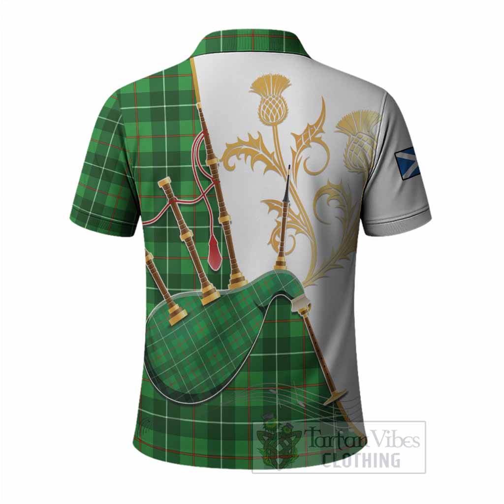 Galloway Tartan Family Crest Polo Shirt Bagpipes with Scottish Thistle