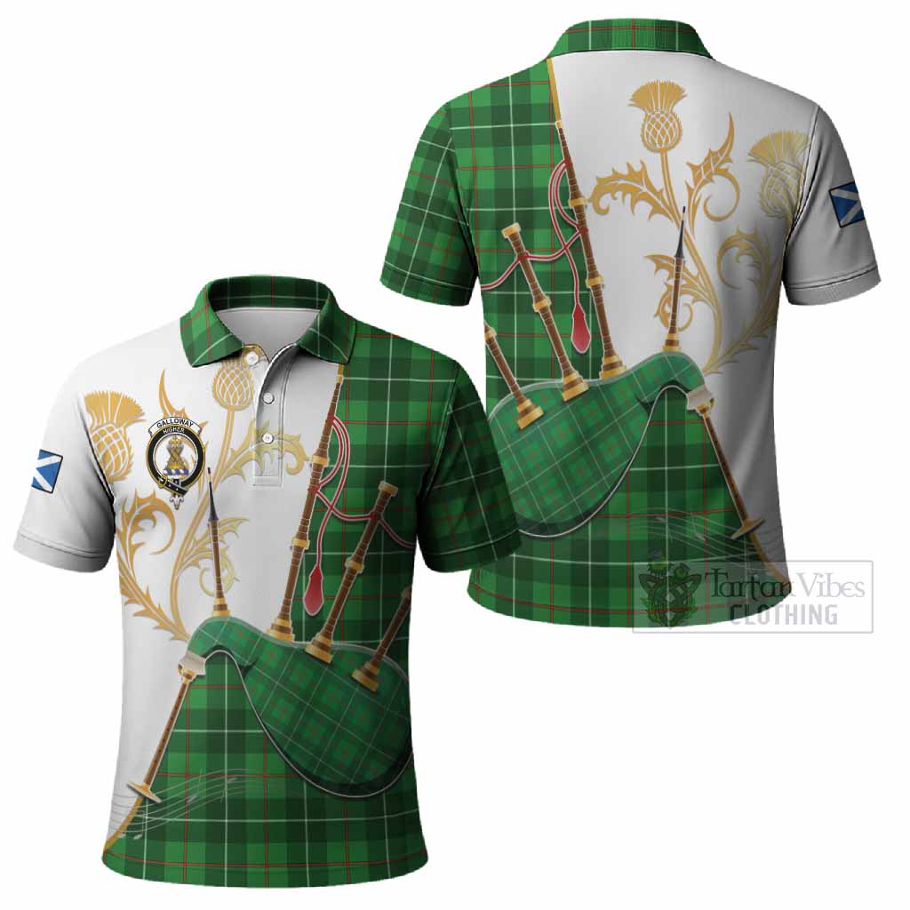 Galloway Tartan Family Crest Polo Shirt Bagpipes with Scottish Thistle