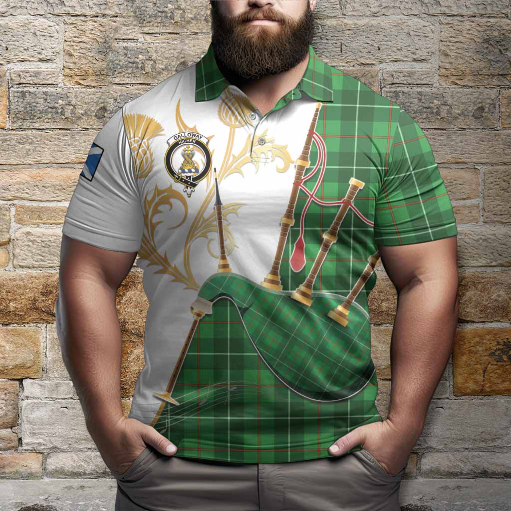 Galloway Tartan Family Crest Polo Shirt Bagpipes with Scottish Thistle