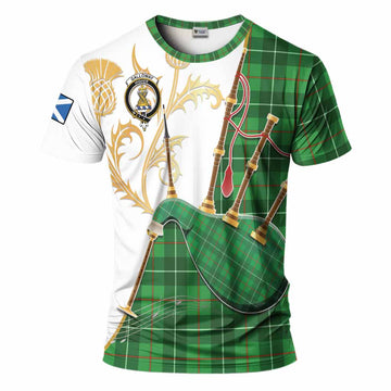 Galloway Tartan Family Crest T-Shirt Bagpipes with Scottish Thistle