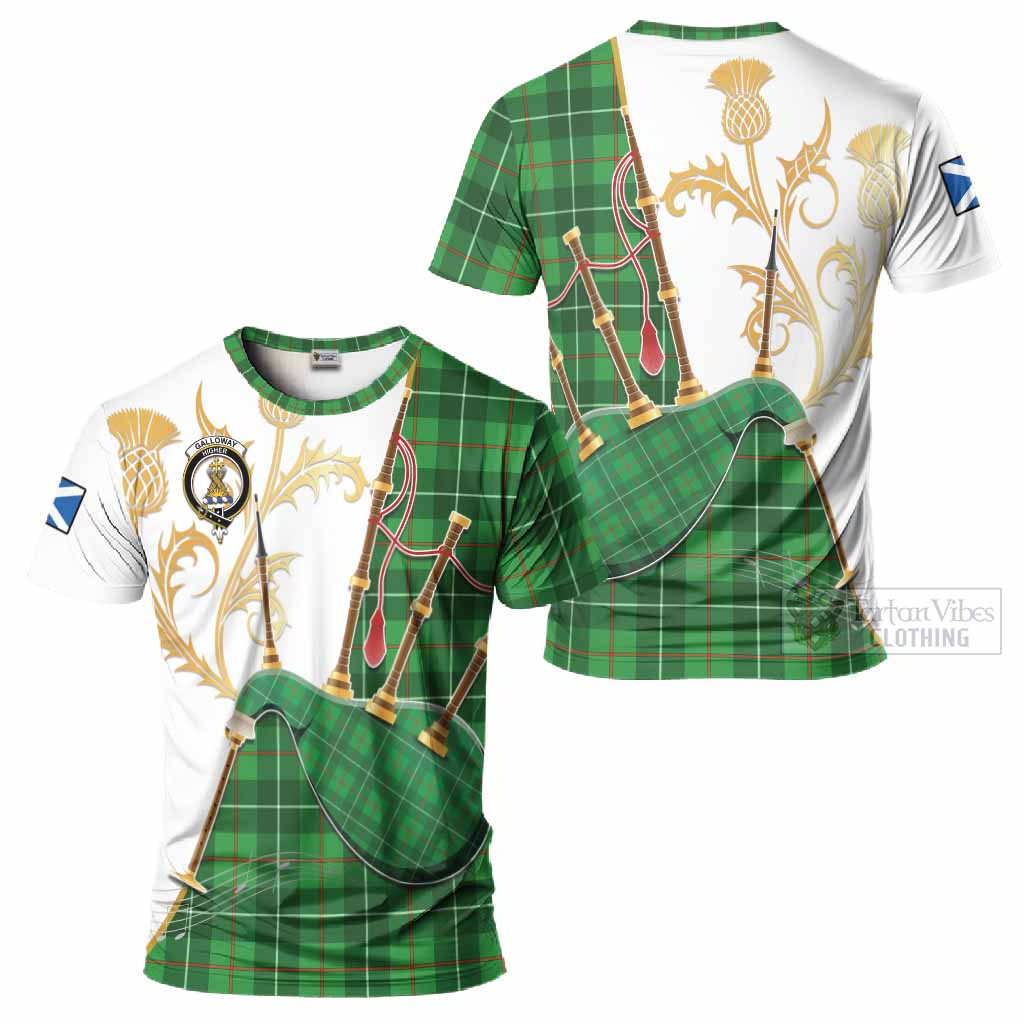 Galloway Tartan Family Crest T-Shirt Bagpipes with Scottish Thistle