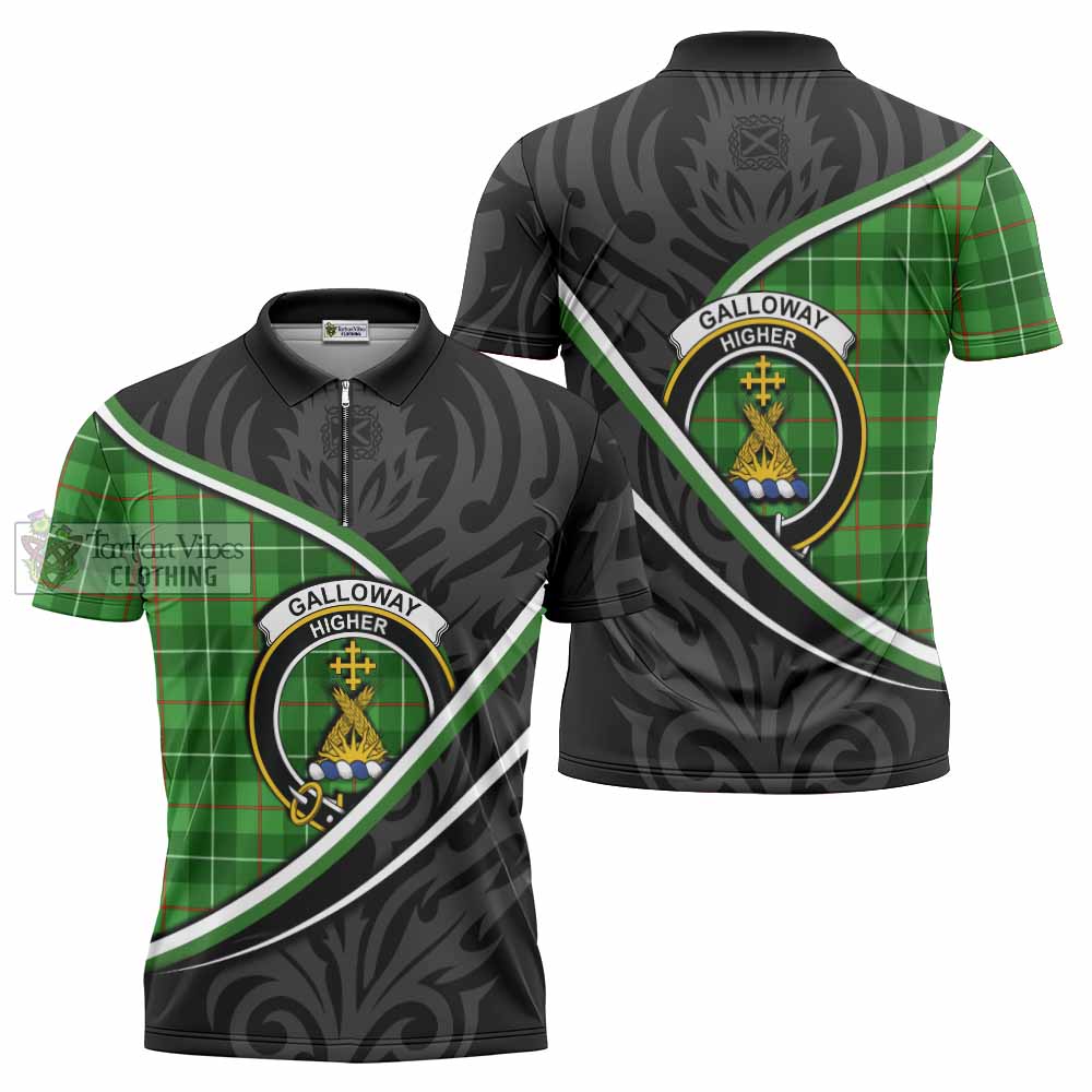 Galloway Tartan Family Crest Zipper Polo Shirt Celtic Scottish Thistle Floral - Tartan Vibes Clothing