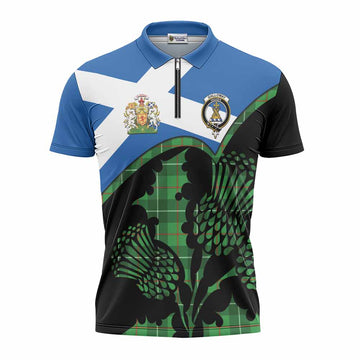 Galloway Tartan Family Crest Zipper Polo Shirt Scotland Thistle Floral Flag Style