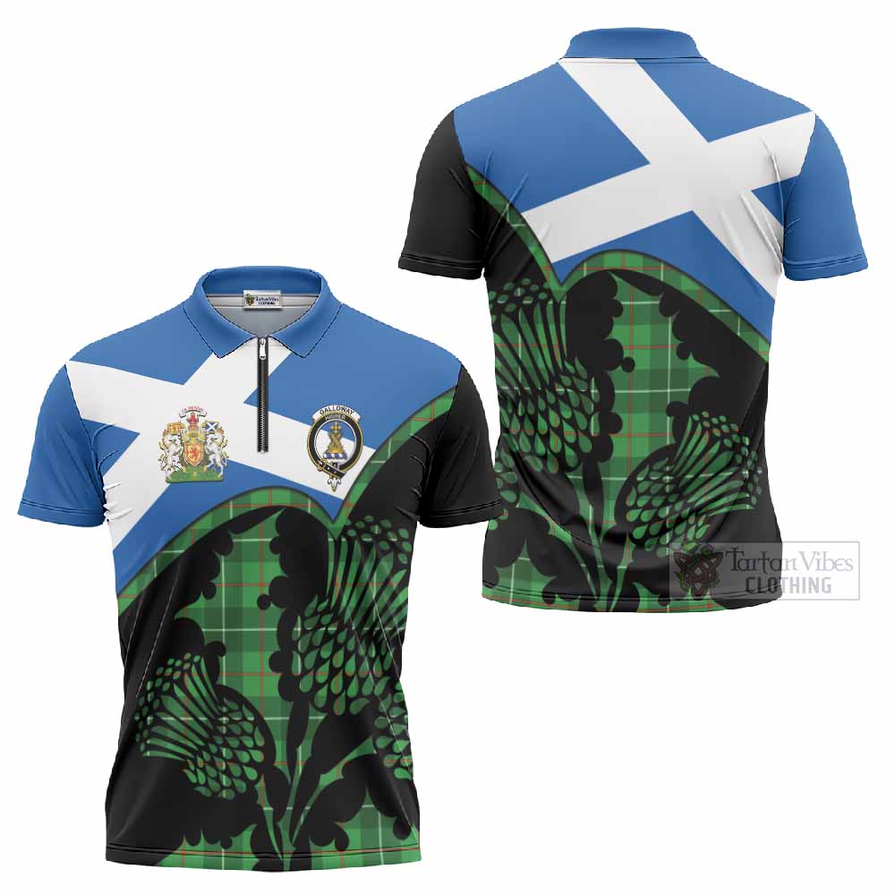Galloway Tartan Family Crest Zipper Polo Shirt Scotland Thistle Floral Flag Style