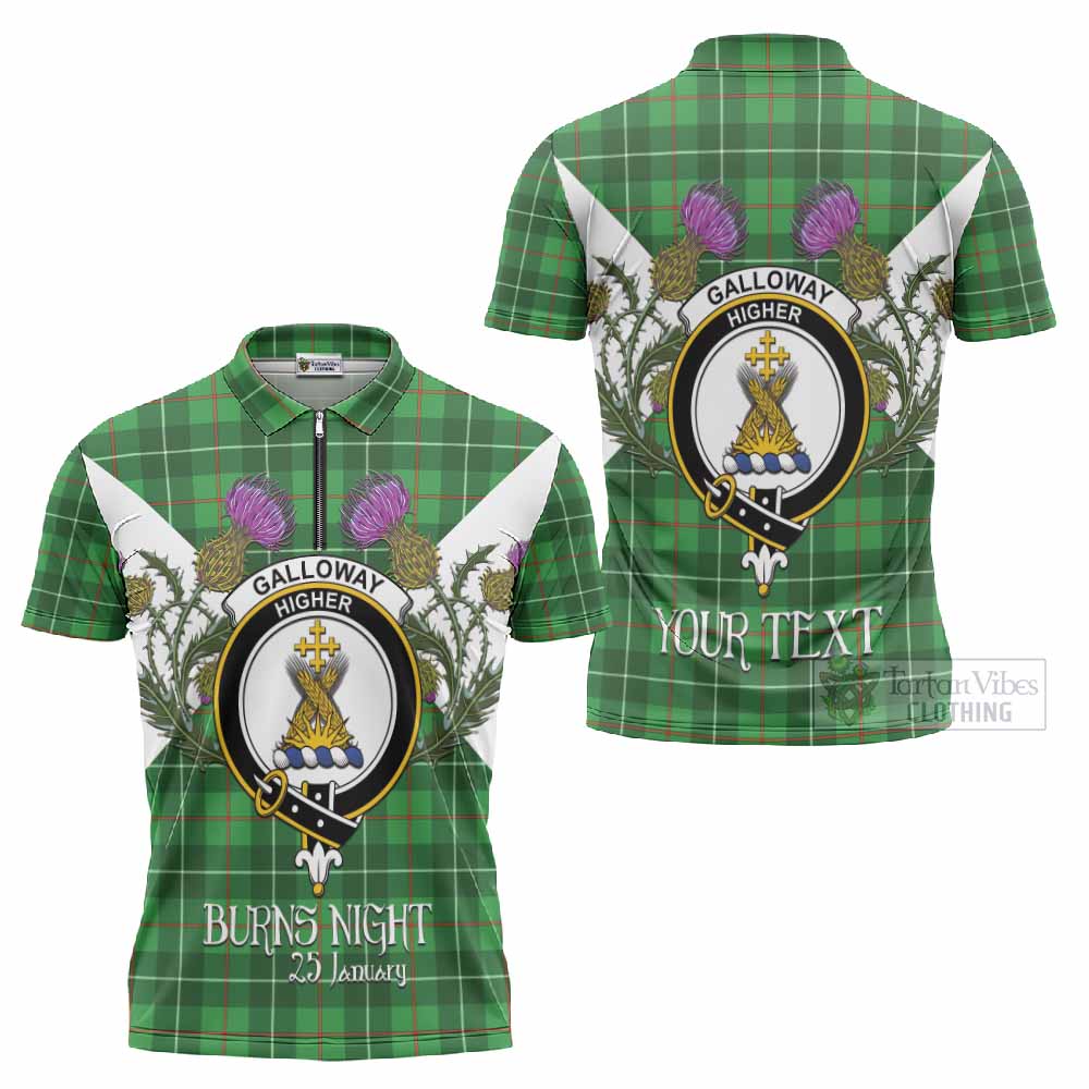 Galloway Tartan Family Crest Zipper Polo Shirt Scottish Burns Night Thistle Floral