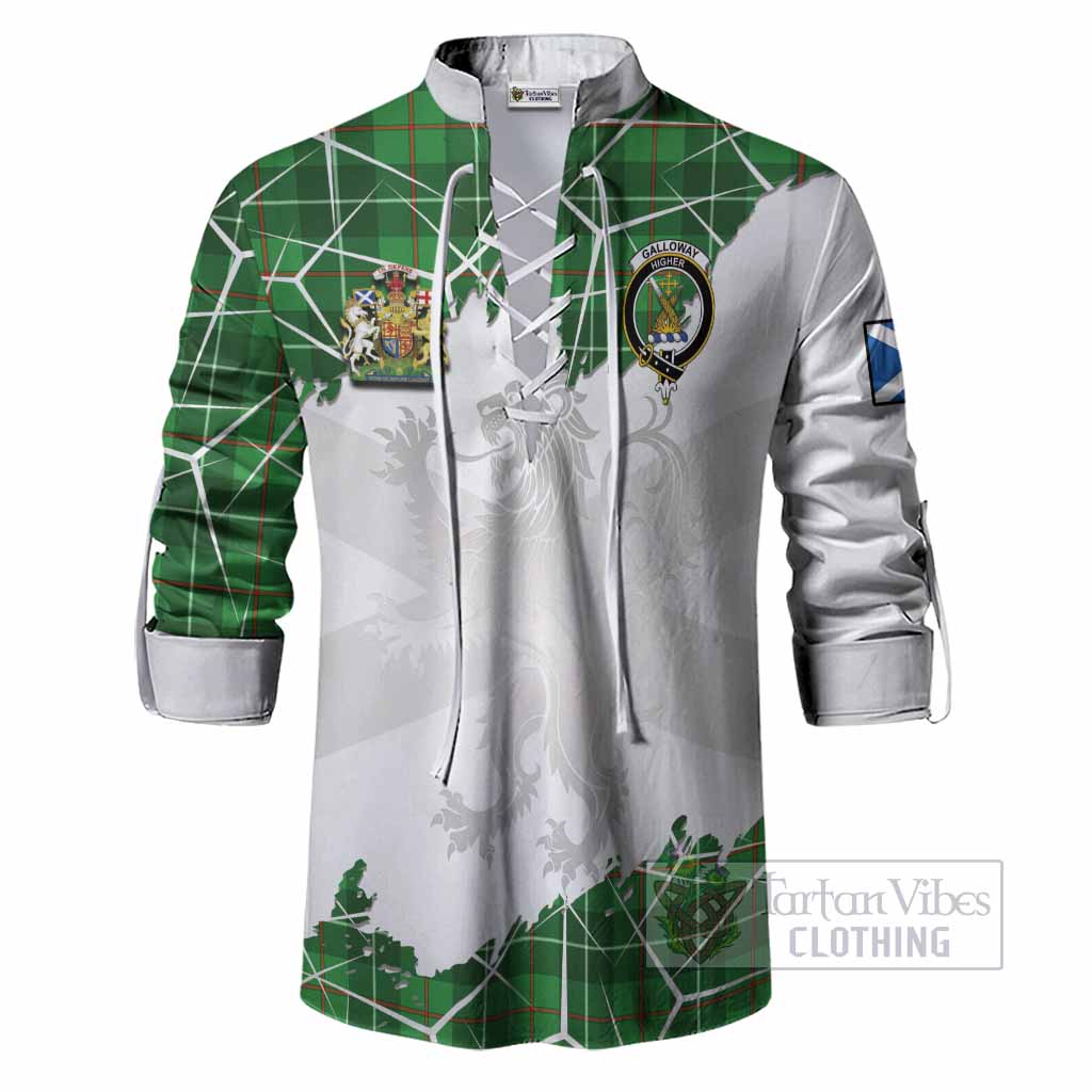 Galloway Tartan Ghillie Shirt with Family Crest and Lion Rampant Grunge Style