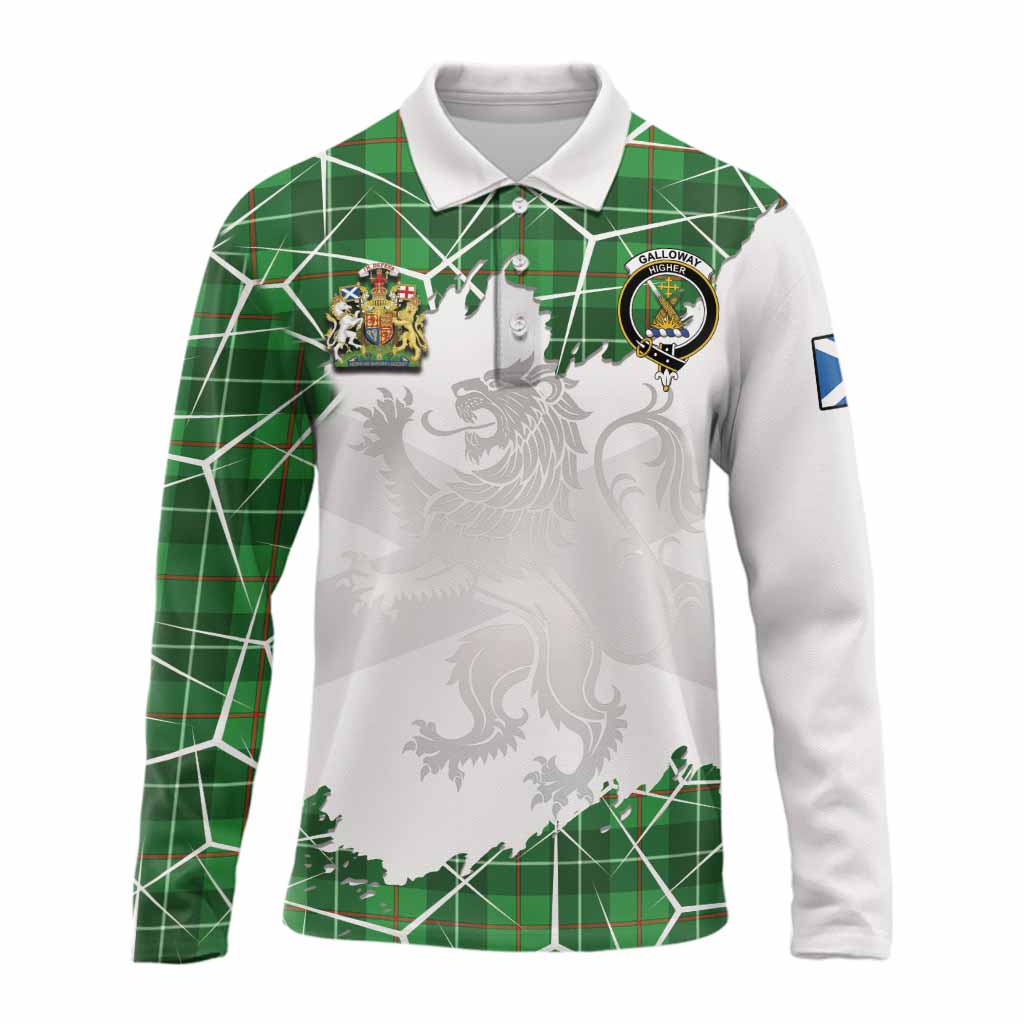 Galloway Tartan Long Sleeve Polo Shirt with Family Crest and Lion Rampant Grunge Style