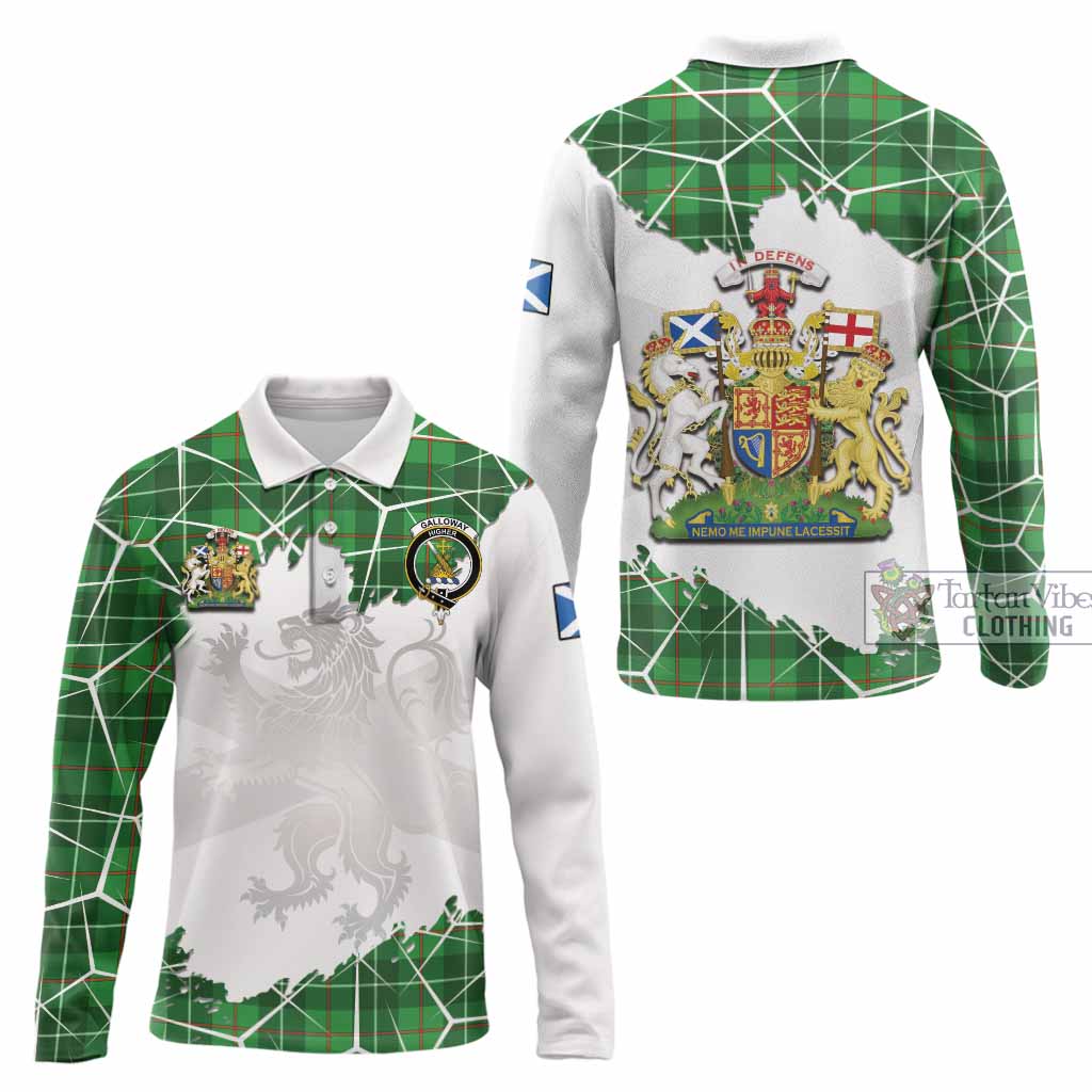 Galloway Tartan Long Sleeve Polo Shirt with Family Crest and Lion Rampant Grunge Style