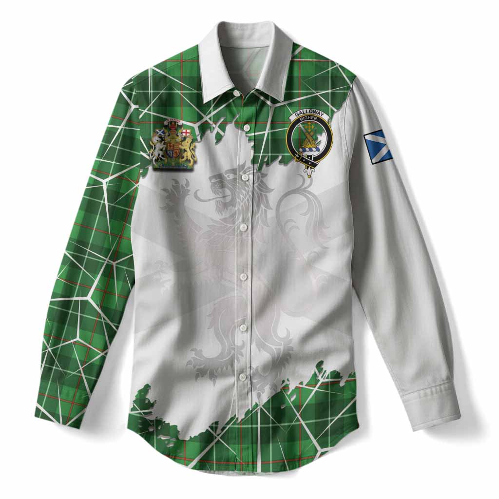 Galloway Tartan Women Casual Shirt with Family Crest and Lion Rampant Grunge Style