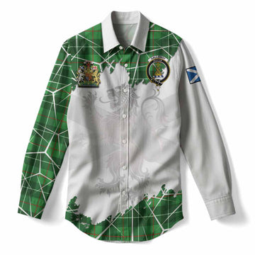 Galloway Tartan Women Casual Shirt with Family Crest and Lion Rampant Grunge Style