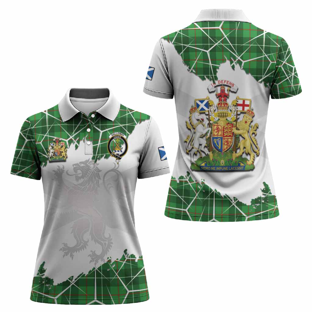Galloway Tartan Women Polo Shirt with Family Crest and Lion Rampant Grunge Style