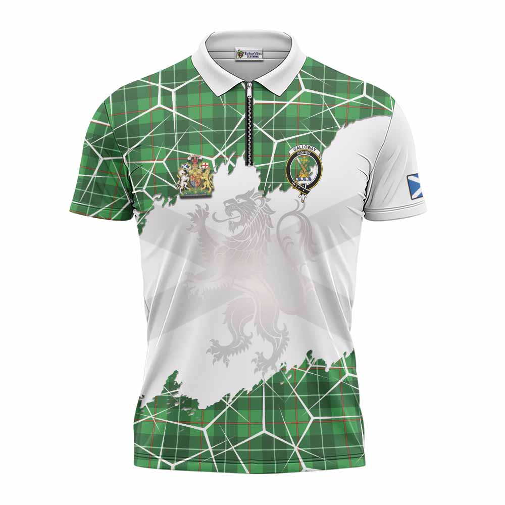 Galloway Tartan Zipper Polo Shirt with Family Crest and Lion Rampant Grunge Style
