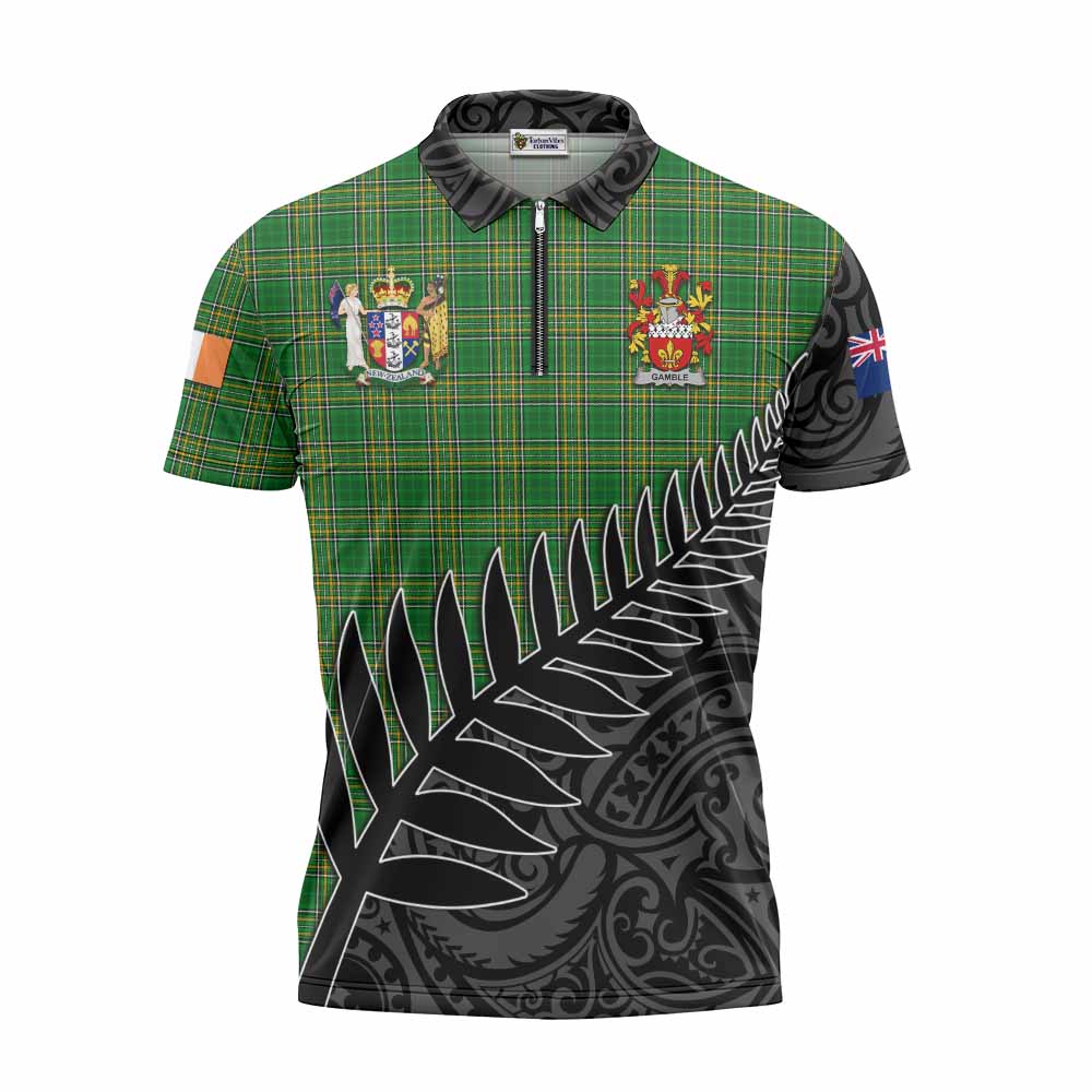 Tartan Vibes Clothing Gamble Irish Clan Tartan Zipper Polo Shirt with Coat of Arms New Zealand Silver Fern Half Style