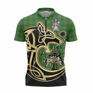 Gara Irish Tartan Zipper Polo Shirt with Coat of Arms Celtic Wolf Style