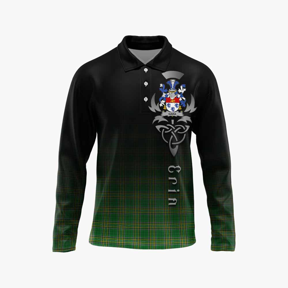 Tartan Vibes Clothing Gara Irish Clan Long Sleeve Polo Shirt with Coat of Arms Erin Go Bragh Celtic Inspired