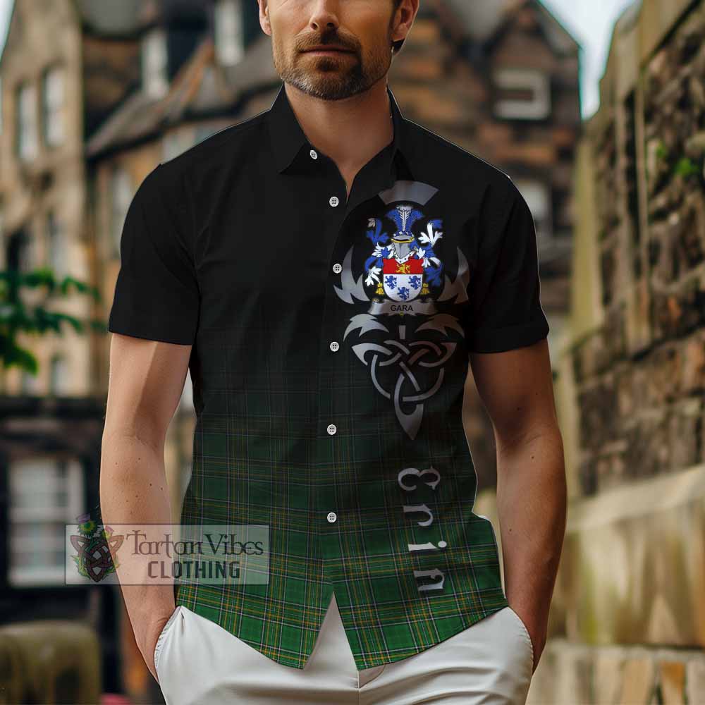 Tartan Vibes Clothing Gara Irish Clan Short Sleeve Button Shirt with Coat of Arms Erin Go Bragh Celtic Inspired