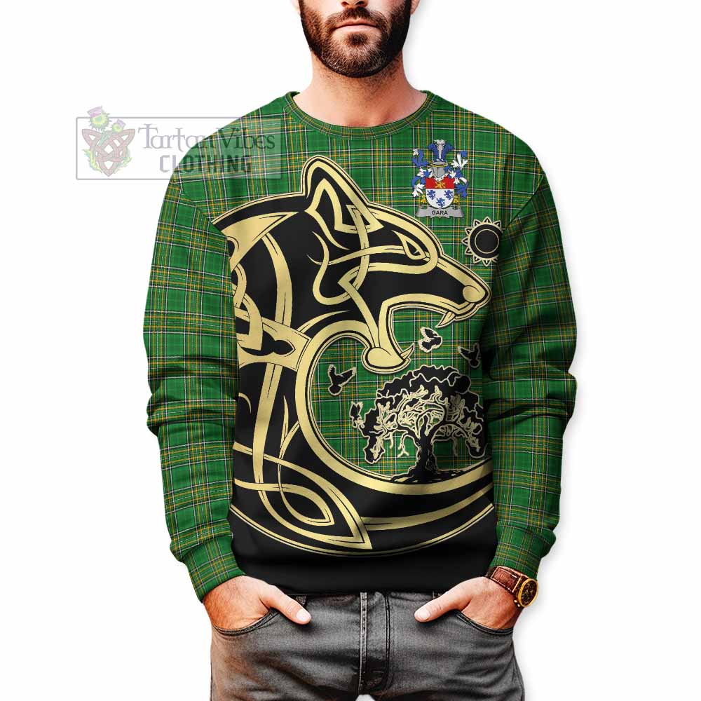 Tartan Vibes Clothing Gara Irish Tartan Sweatshirt with Coat of Arms Celtic Wolf Style